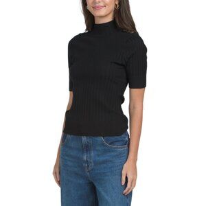 RAFIANA Black Short Sleeve Ribbed Turtleneck Sweater